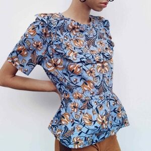 ZARA Blue Floral Peplum Exaggerated Ruffle Short Sleeve Top Blouse Size Large